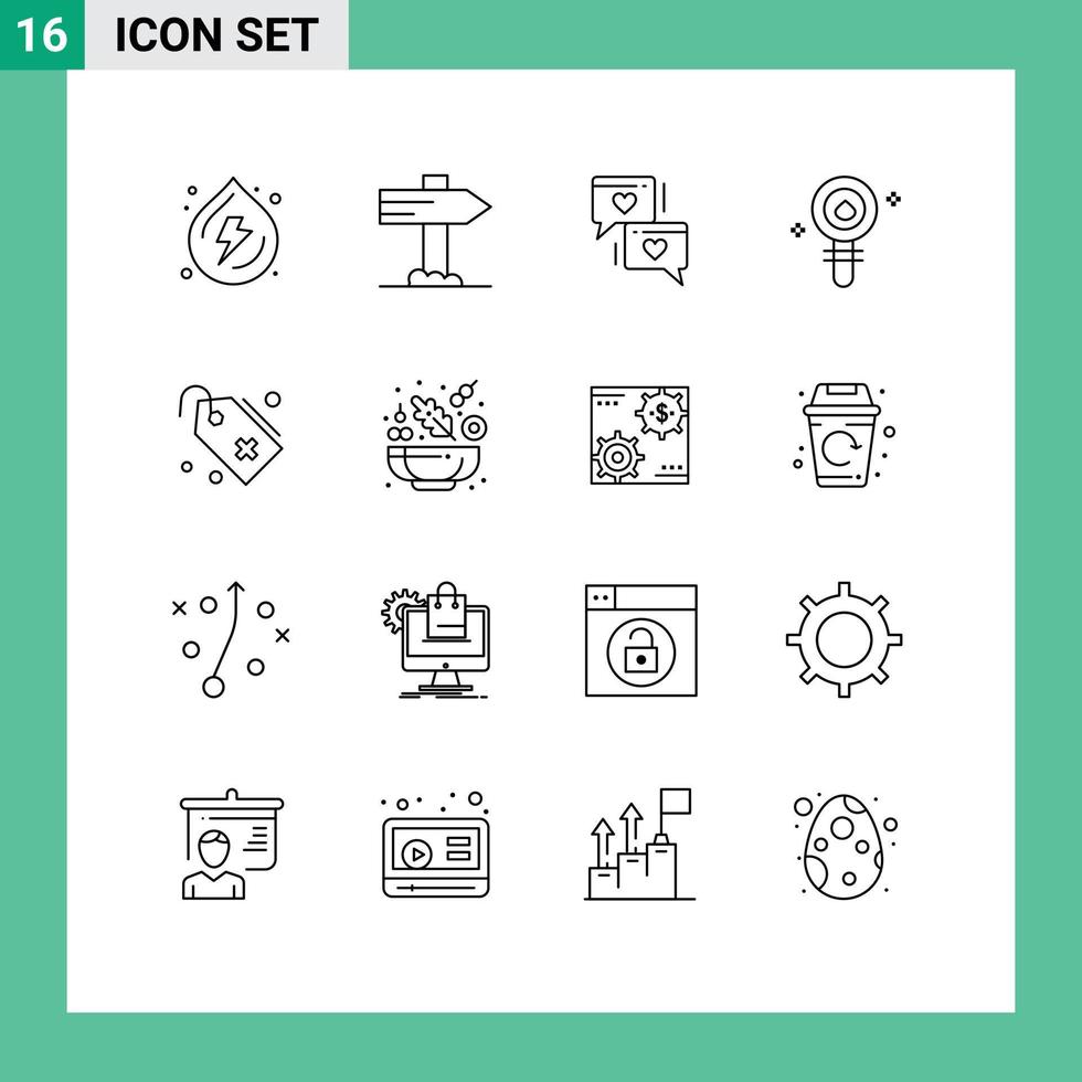 Pack of 16 Modern Outlines Signs and Symbols for Web Print Media such as tag laboratory love chemistry biology Editable Vector Design Elements