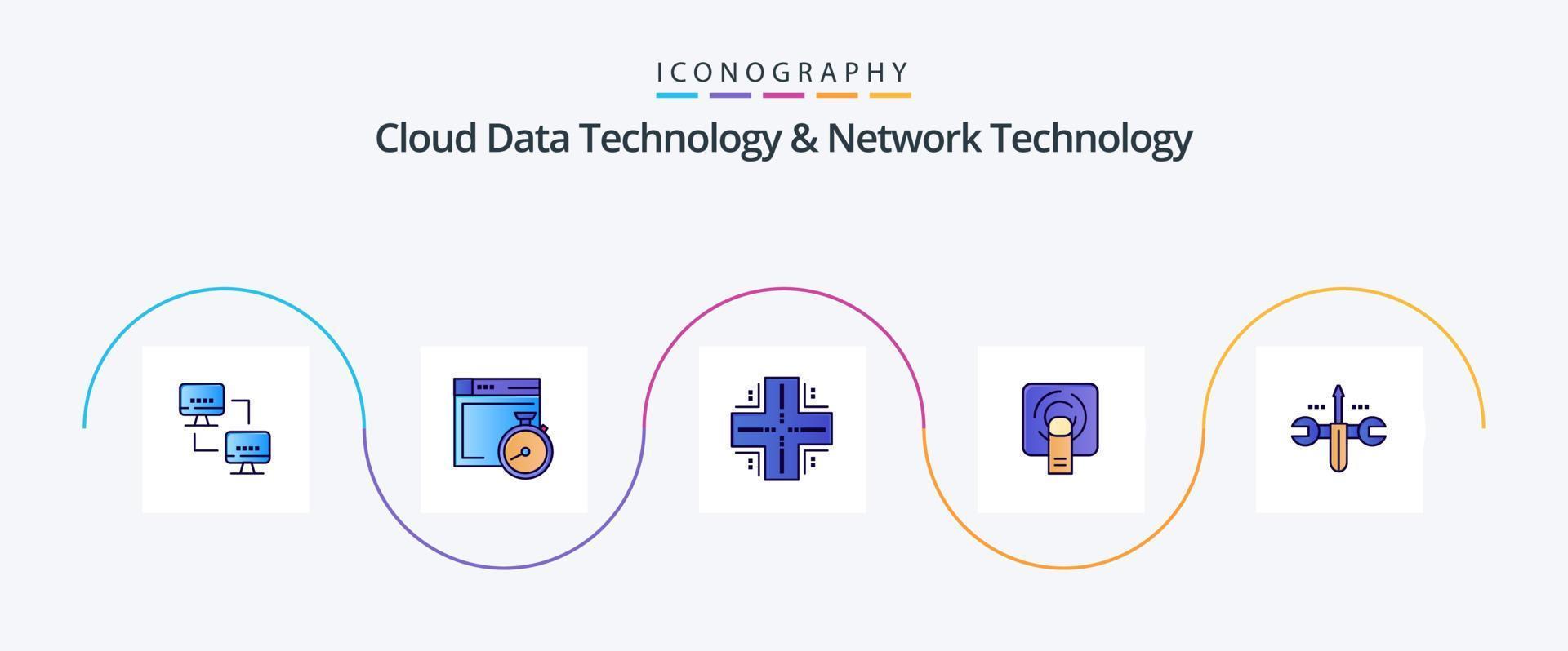 la tecnología de datos en la nube y la línea de tecnología de red llenaron el paquete de iconos planos 5 que incluye la nube. toque de dedo. informática. tuch servidor vector