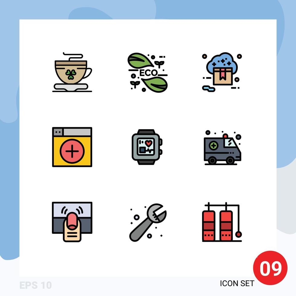 Pack of 9 creative Filledline Flat Colors of graphics window science add store Editable Vector Design Elements