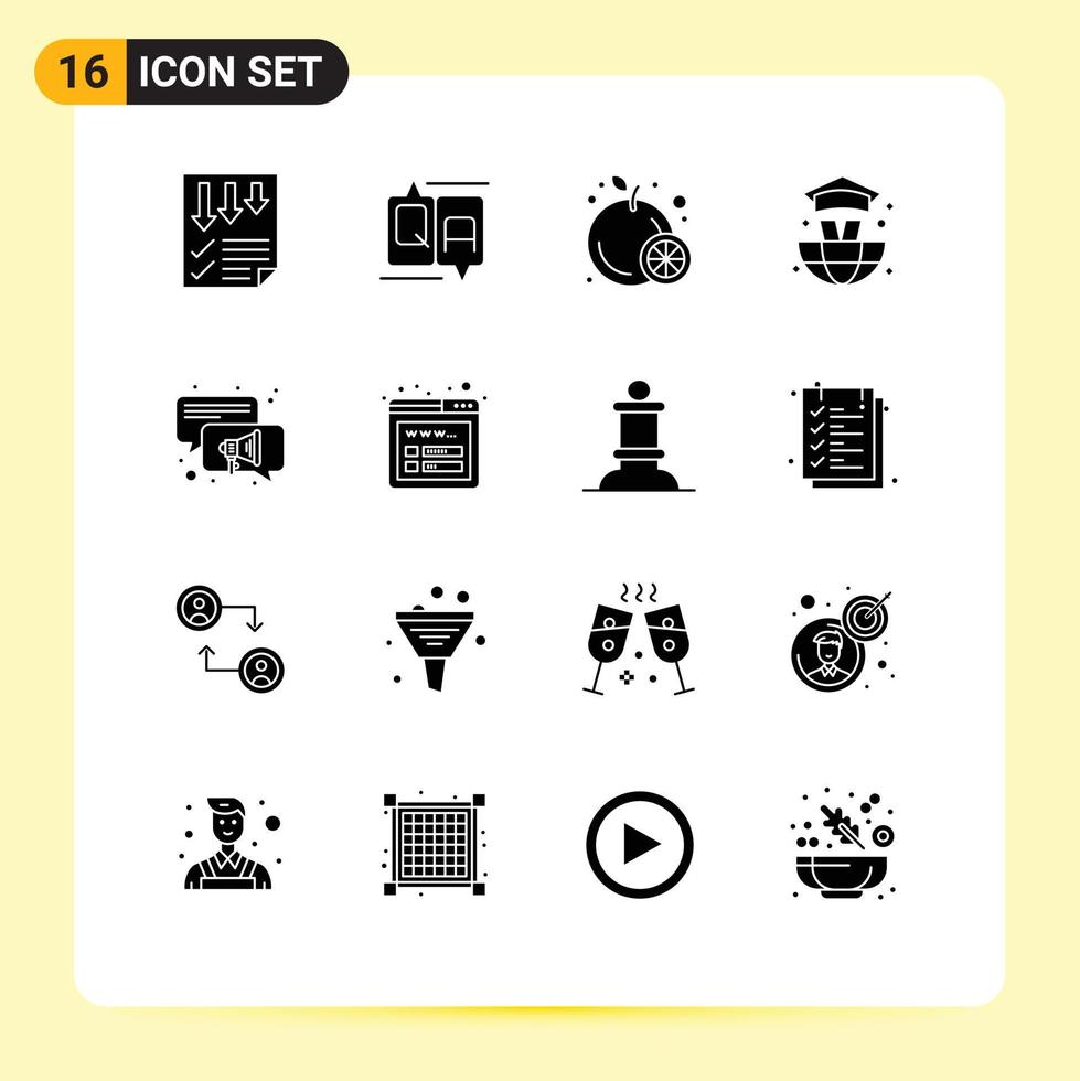 16 User Interface Solid Glyph Pack of modern Signs and Symbols of chat conversation message graduation world Editable Vector Design Elements