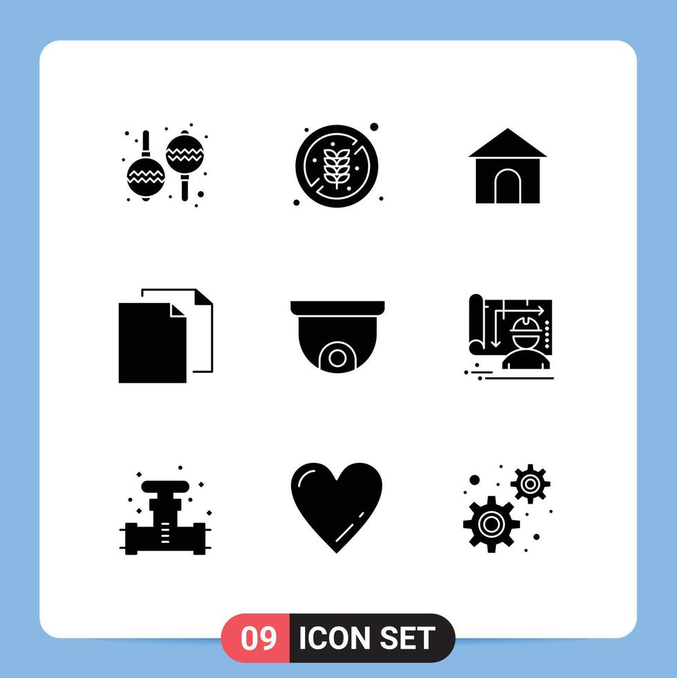 9 User Interface Solid Glyph Pack of modern Signs and Symbols of planning camera hose file document Editable Vector Design Elements