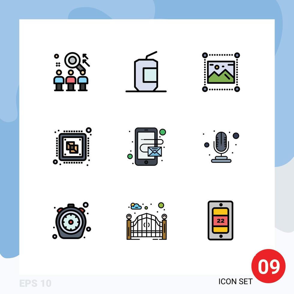 Mobile Interface Filledline Flat Color Set of 9 Pictograms of computer central fast food image graphic Editable Vector Design Elements