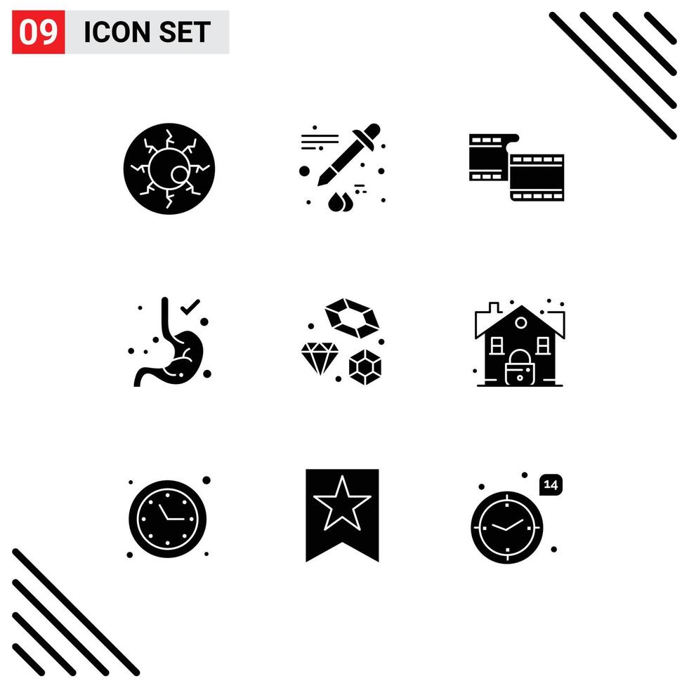 Pictogram Set of 9 Simple Solid Glyphs of wedding love filam diamond gastroenterology Editable Vector Design Elements