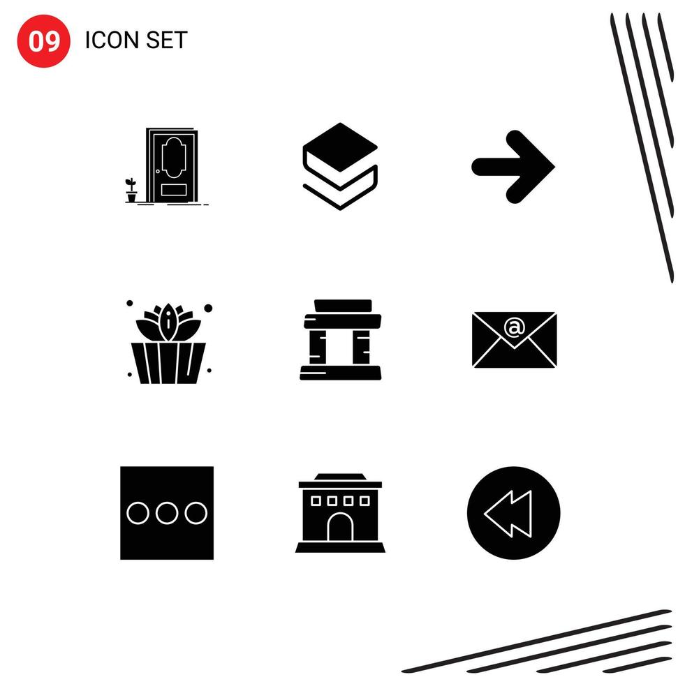 Modern Set of 9 Solid Glyphs Pictograph of tower landmark arrow lotus bucket Editable Vector Design Elements