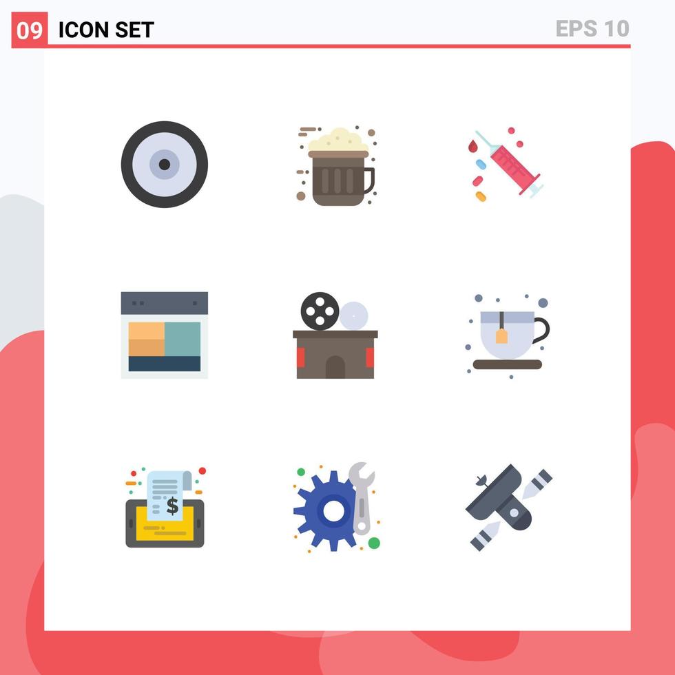 Mobile Interface Flat Color Set of 9 Pictograms of cinema web injection site design Editable Vector Design Elements