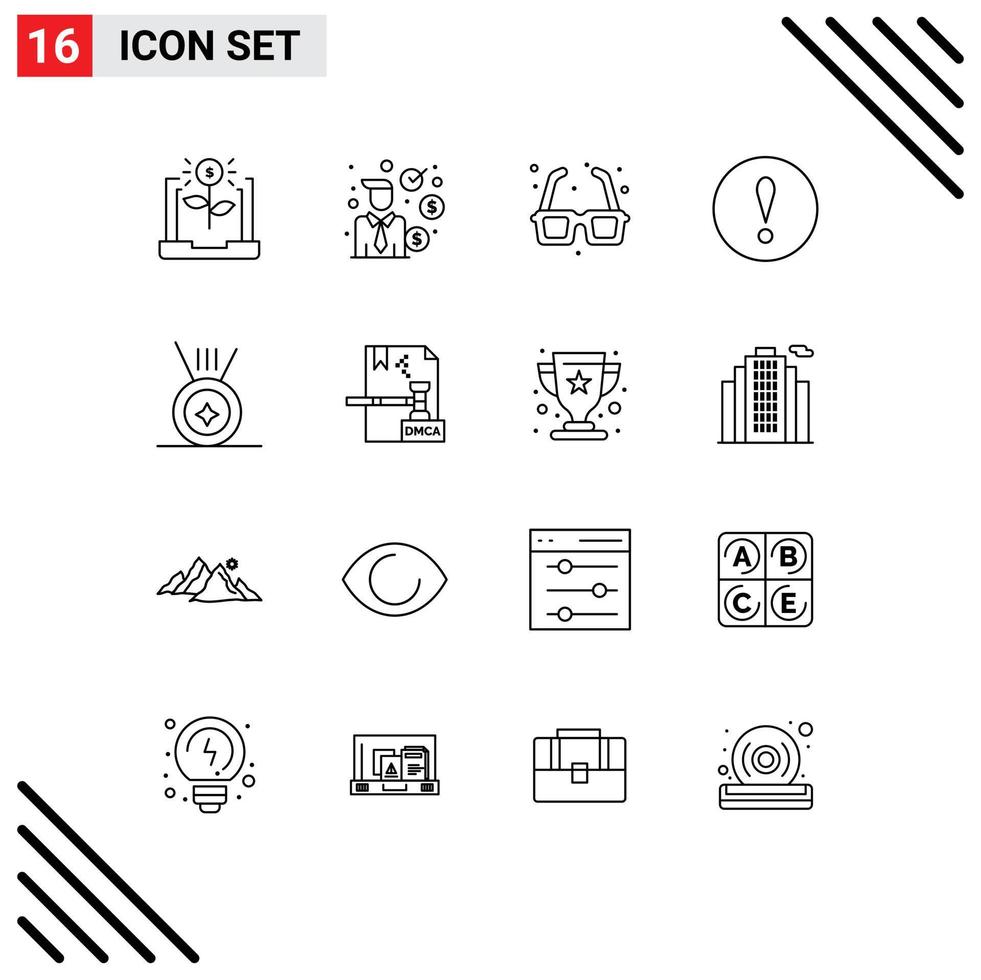 paquete de 16 signos y símbolos de contornos modernos para medios impresos web, como atención de medallas, alerta financiera, elementos de diseño de vectores editables románticos