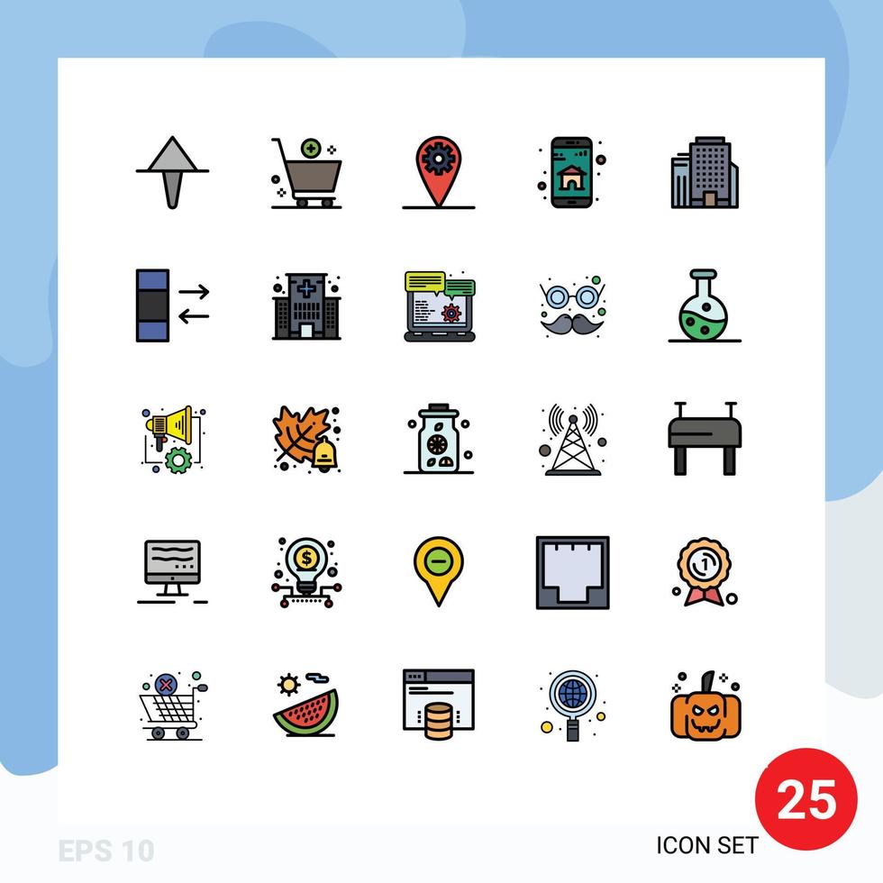 25 símbolos de signos de color plano de línea rellena universal de equipo de oficina de trabajo aplicación móvil elementos de diseño de vector editables para el hogar