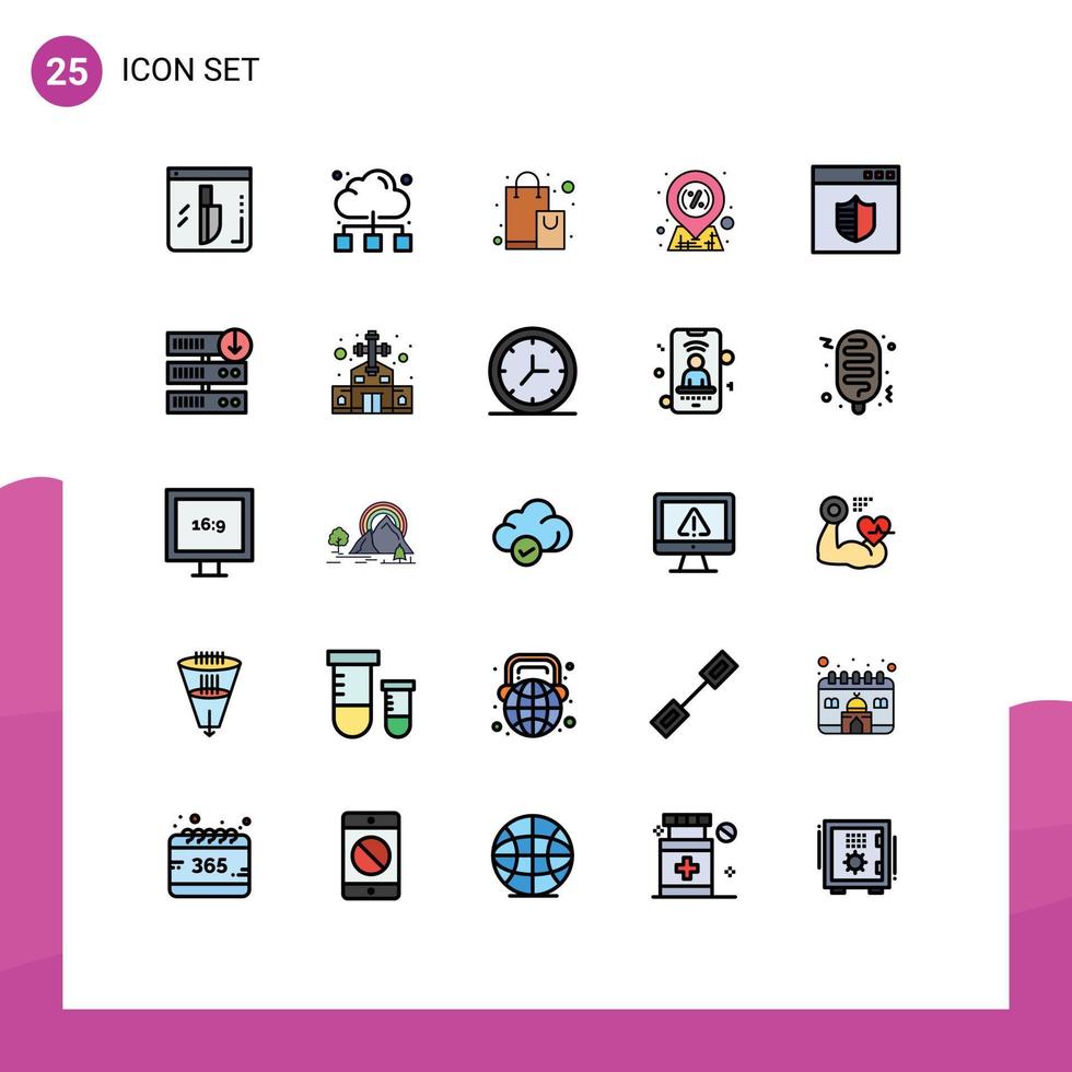 Filled line Flat Color Pack of 25 Universal Symbols of secure sale bag market discount Editable Vector Design Elements