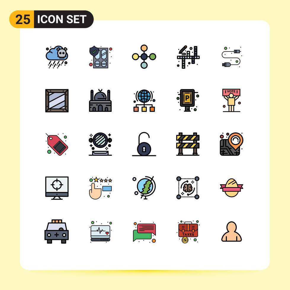 paquete de 25 modernos signos y símbolos de colores planos de línea rellena para medios de impresión web, como actividades de pasatiempos centrales de pintura electrónica, elementos de diseño de vectores editables