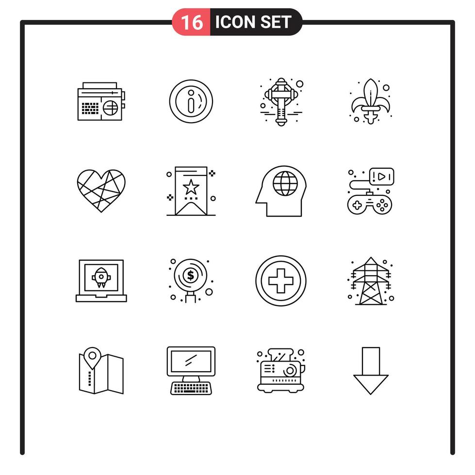 Mobile Interface Outline Set of 16 Pictograms of heart sword cross mardi game Editable Vector Design Elements