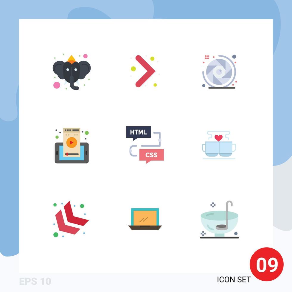 9 User Interface Flat Color Pack of modern Signs and Symbols of development coding camera lens cell mobile Editable Vector Design Elements