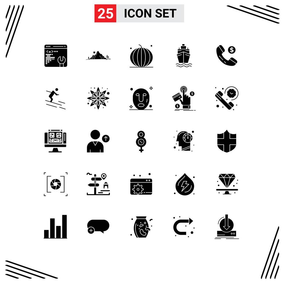 Mobile Interface Solid Glyph Set of 25 Pictograms of online transport fruit swim vegetables Editable Vector Design Elements