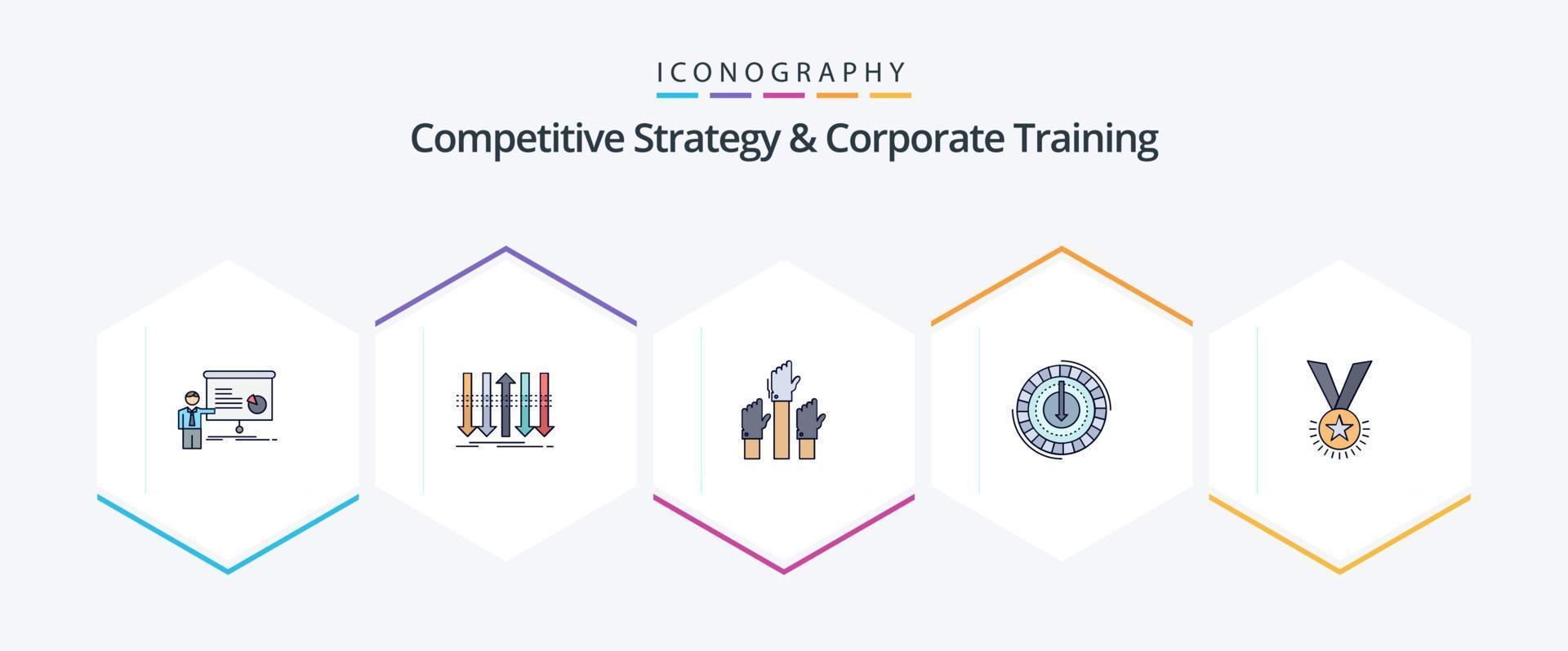 paquete de iconos de 25 líneas completas de estrategia competitiva y capacitación corporativa, incluidos los gastos. consumo. adelante. intención. deseo vector