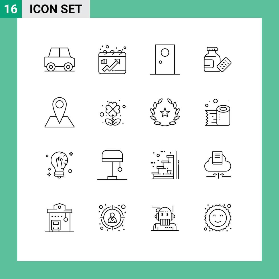 Set of 16 Modern UI Icons Symbols Signs for location science door medicine round Editable Vector Design Elements