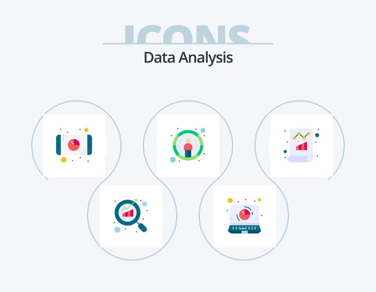 análisis de datos paquete de iconos planos 5 diseño de iconos. documento. enfocar. analítica. informe. tarta vector