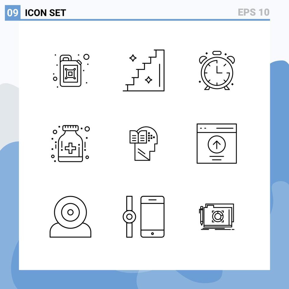 Mobile Interface Outline Set of 9 Pictograms of mind book education knowledge health Editable Vector Design Elements