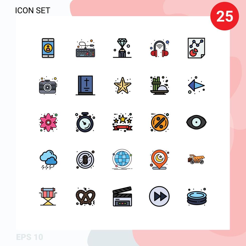 Group of 25 Filled line Flat Colors Signs and Symbols for page wireless headset gems technology value Editable Vector Design Elements
