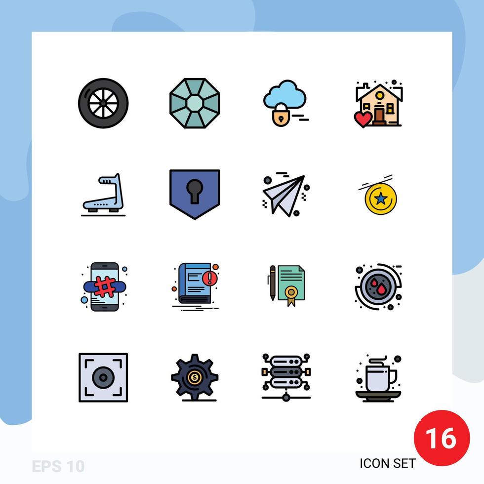 paquete de 16 líneas modernas llenas de color plano, signos y símbolos para medios de impresión web, como la cinta de correr de propiedad clave de seguridad que ejecuta elementos de diseño de vectores creativos editables