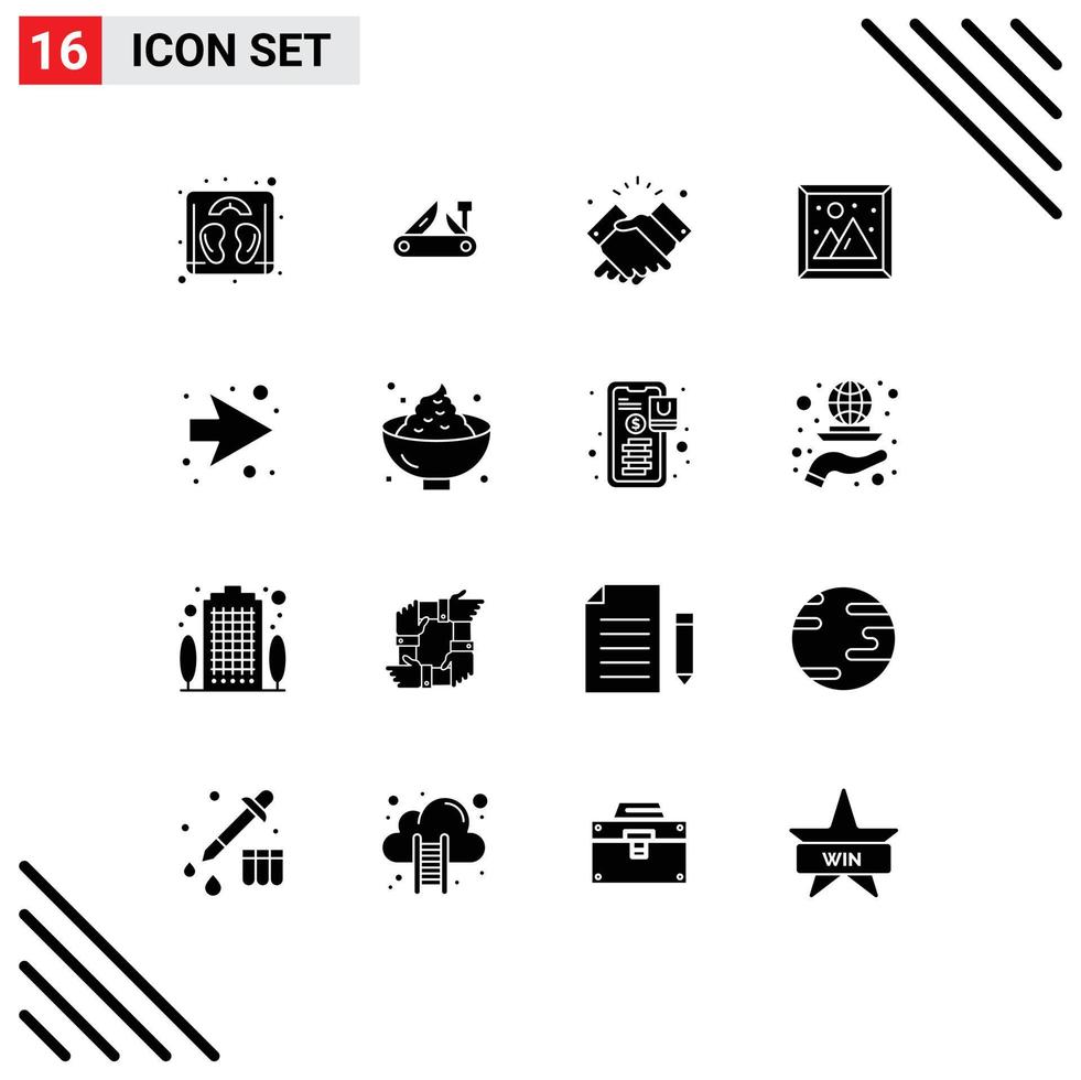 paquete de 16 signos y símbolos de glifos sólidos modernos para medios de impresión web, como flechas que viven apretón de manos deseos interiores elementos de diseño de vectores editables