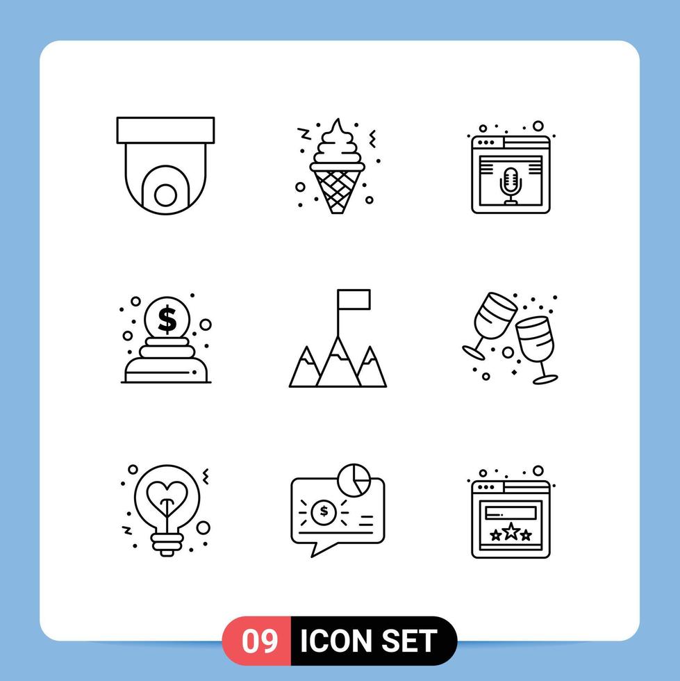 símbolos de iconos universales grupo de 9 contornos modernos de montañas dinero donación de internet web elementos de diseño vectorial editables vector