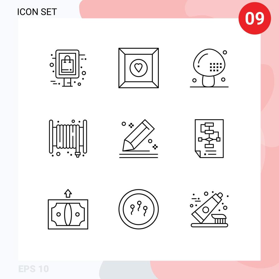 Set of 9 Vector Outlines on Grid for draw hose drinks fire alarm Editable Vector Design Elements