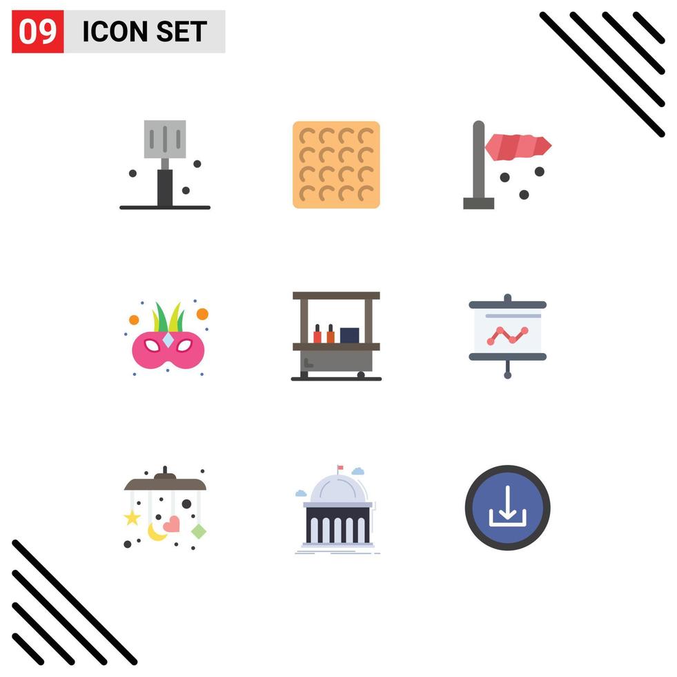 9 User Interface Flat Color Pack of modern Signs and Symbols of stand food direction drink carnival Editable Vector Design Elements