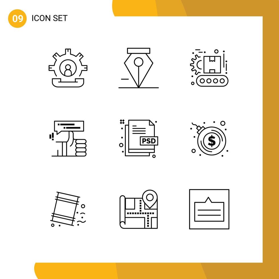 Pack of 9 Modern Outlines Signs and Symbols for Web Print Media such as creative marketing conveyor like finger Editable Vector Design Elements