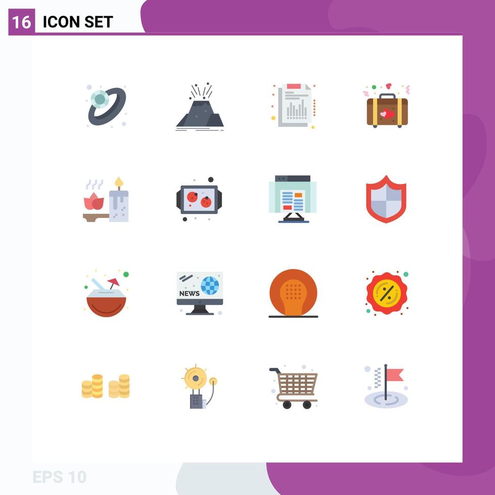 User Interface Pack of 16 Basic Flat Colors of candle wedding annual love briefcase Editable Pack of Creative Vector Design Elements