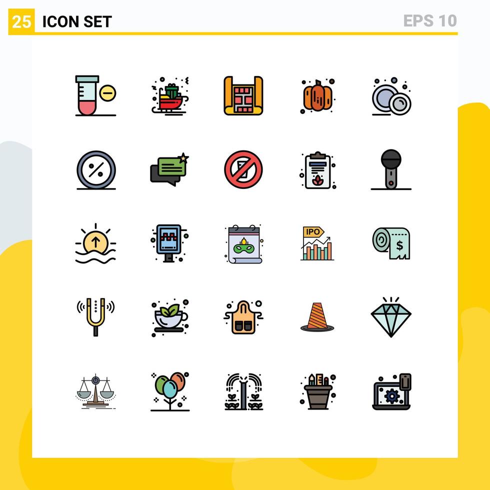 grupo de 25 signos y símbolos de colores planos de línea rellena para elementos de diseño de vectores editables de calabaza de vajilla de mapa de comida de plato