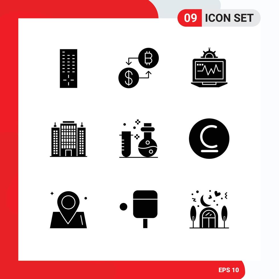 Set of 9 Vector Solid Glyphs on Grid for laboratory chemistry computer hotel architecture Editable Vector Design Elements