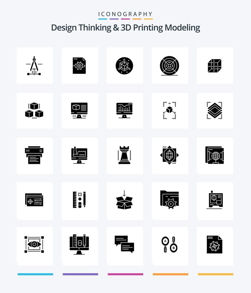 Creative Design Thinking And D Printing Modeling 25 Glyph Solid Black icon pack  Such As computing. box. scale. print. filament vector
