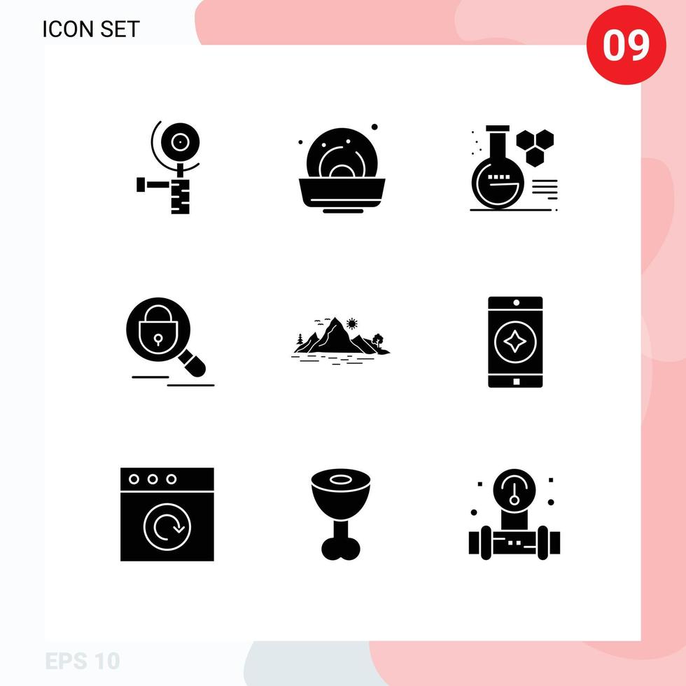 Stock Vector Icon Pack of 9 Line Signs and Symbols for mountain hill chemistry lab nature lock Editable Vector Design Elements