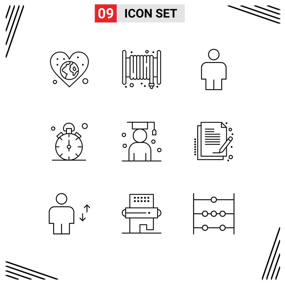 Outline Pack of 9 Universal Symbols of graduate time hose timer stop Editable Vector Design Elements