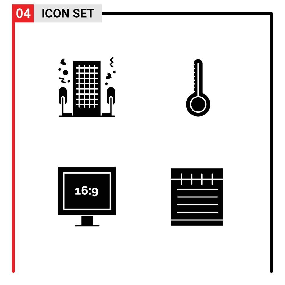 Editable Vector Line Pack of 4 Simple Solid Glyphs of heart display romance thermometer notebook Editable Vector Design Elements