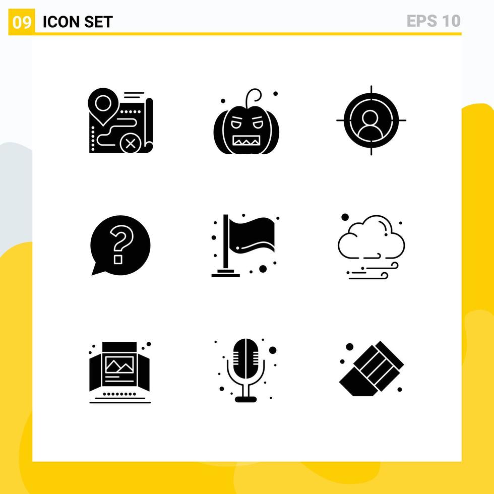 Universal Icon Symbols Group of 9 Modern Solid Glyphs of flag social pumpkin question chat Editable Vector Design Elements