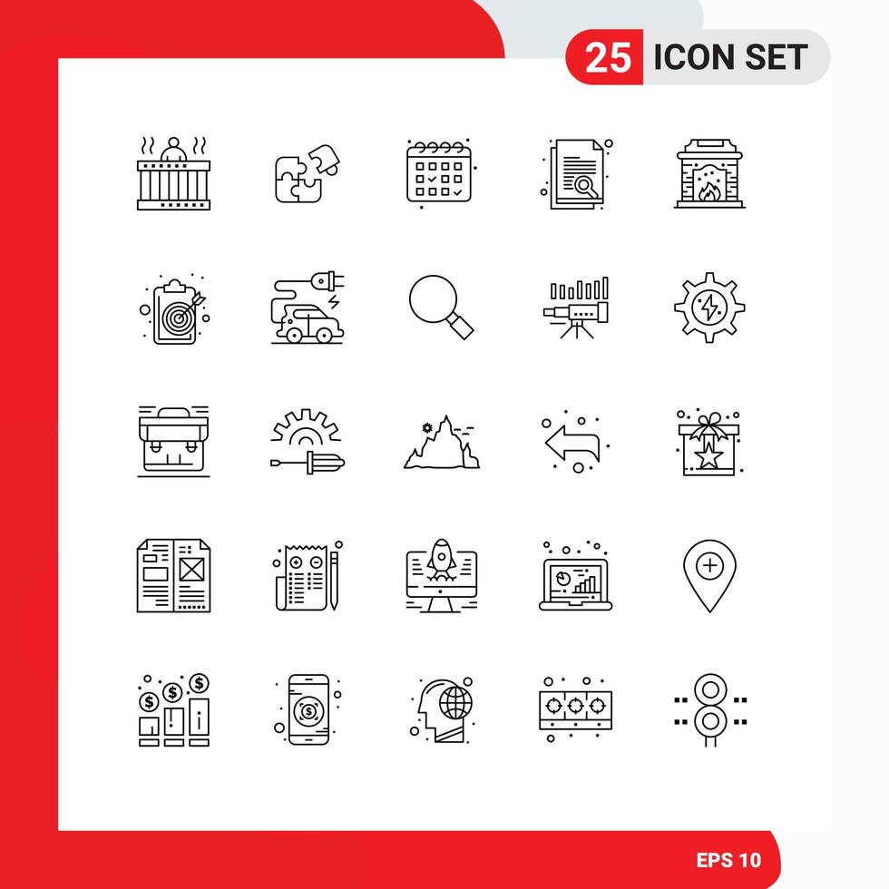 Mobile Interface Line Set of 25 Pictograms of search paper match document calender Editable Vector Design Elements