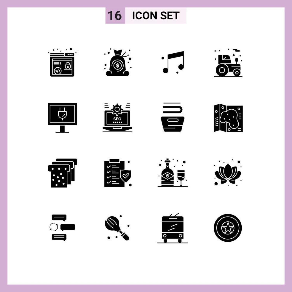 Modern Set of 16 Solid Glyphs Pictograph of seo internet music entertainment farm Editable Vector Design Elements