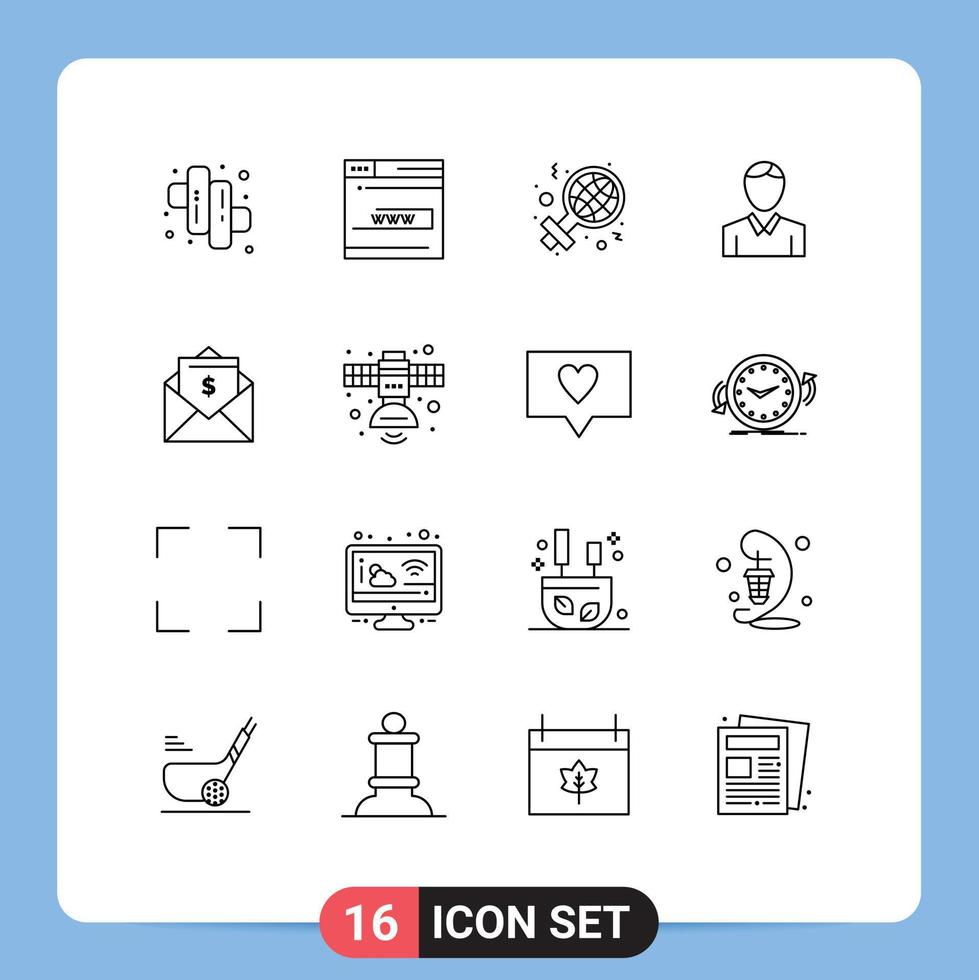 User Interface Pack of 16 Basic Outlines of money person day man account Editable Vector Design Elements