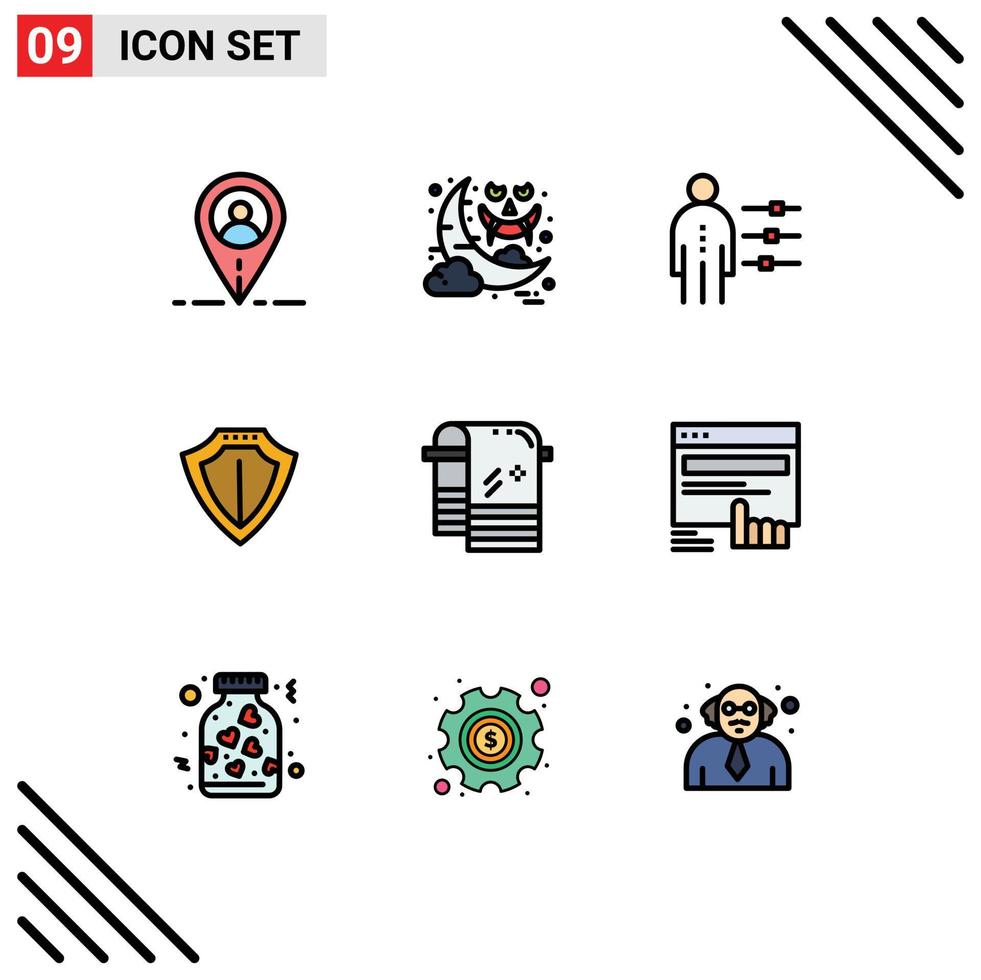 9 User Interface Filledline Flat Color Pack of modern Signs and Symbols of dry protect employee locked sheild Editable Vector Design Elements