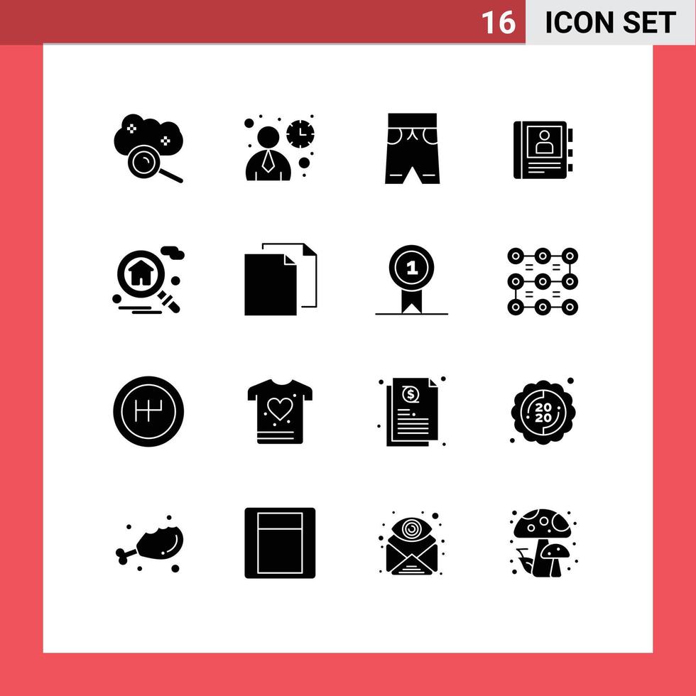 Paquete de glifos sólidos de 16 interfaces de usuario de signos y símbolos modernos de la interfaz de usuario del diario doméstico pantalones cortos de libros elementos de diseño vectorial editables vector