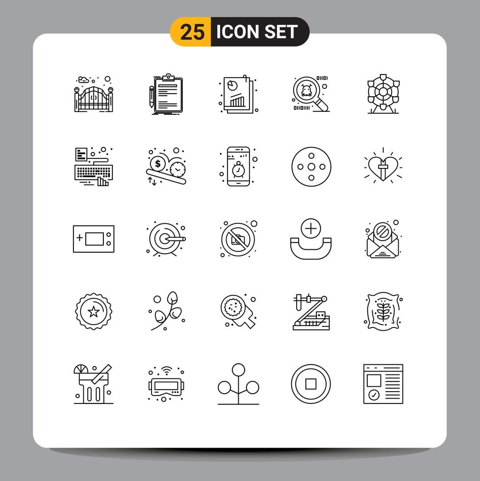 Mobile Interface Line Set of 25 Pictograms of wheel ferris clip board spy ware seo analysis Editable Vector Design Elements