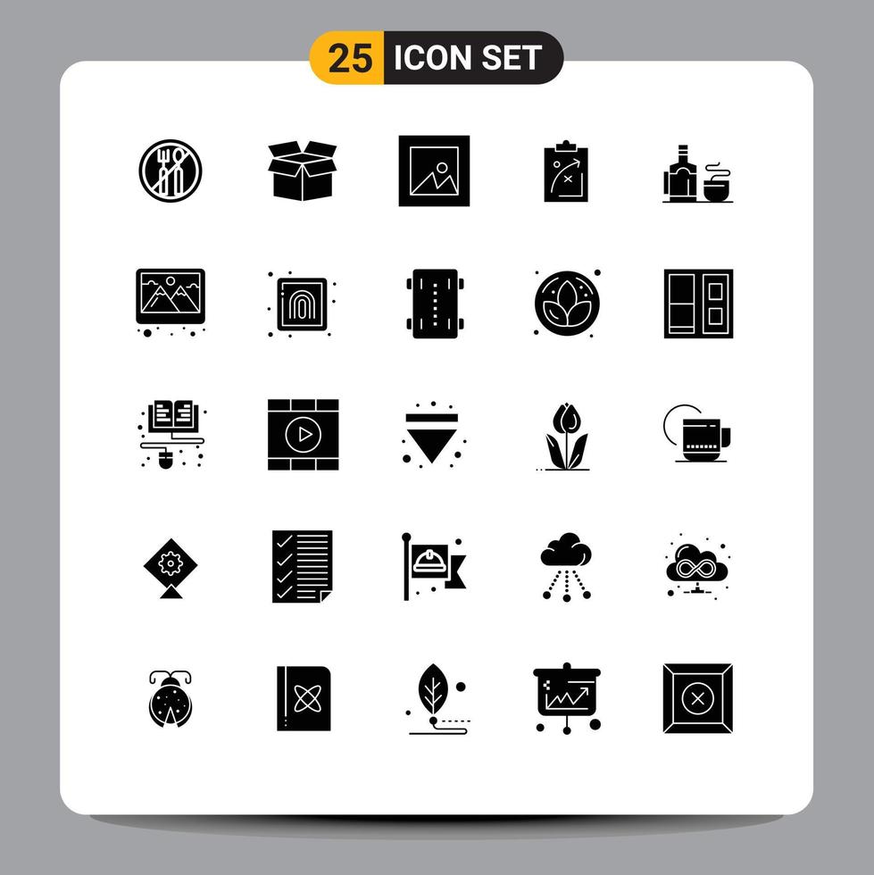 Mobile Interface Solid Glyph Set of 25 Pictograms of hot tea photo market tactics Editable Vector Design Elements