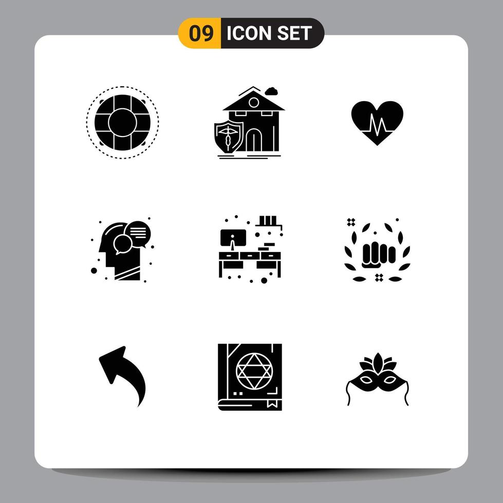 Group of 9 Modern Solid Glyphs Set for mind head casualty communication heartbeat Editable Vector Design Elements