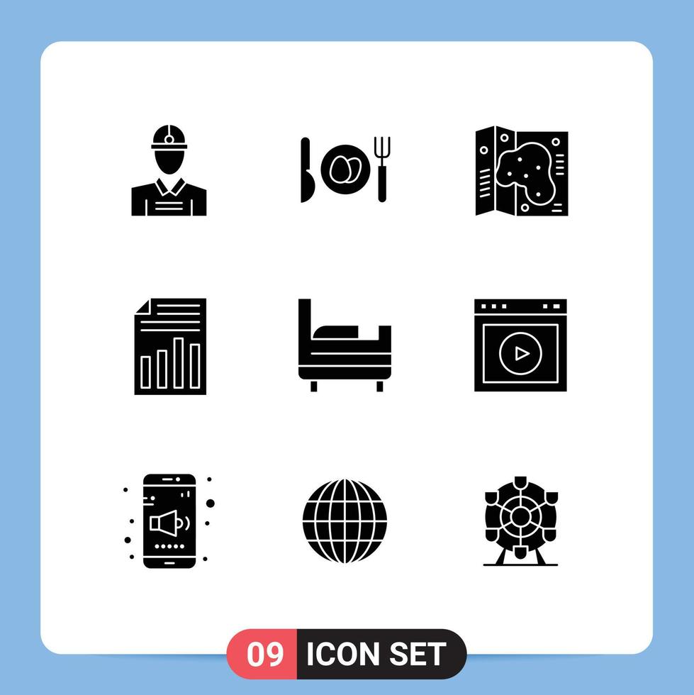 9 User Interface Solid Glyph Pack of modern Signs and Symbols of bed room sheet location report file Editable Vector Design Elements