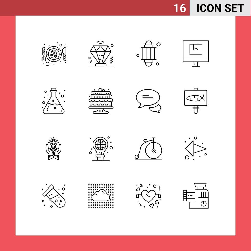 paquete de 16 signos y símbolos de contornos modernos para medios de impresión web, como elementos de diseño de vectores editables de comercio electrónico de farol en línea de laboratorio