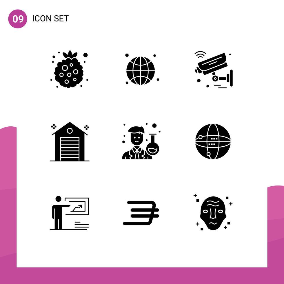 9 User Interface Solid Glyph Pack of modern Signs and Symbols of scientist office camera estate wifi Editable Vector Design Elements