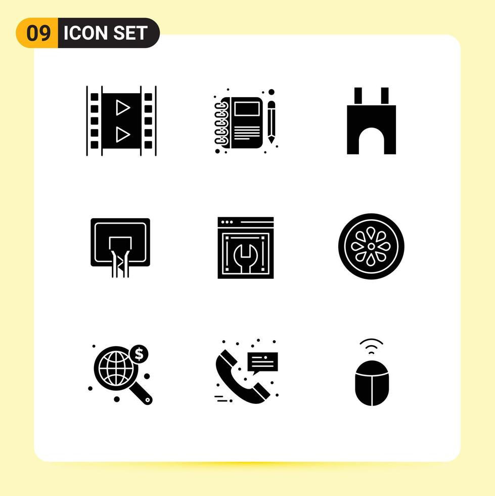 Solid Glyph Pack of 9 Universal Symbols of board basket pen backboard fortress Editable Vector Design Elements