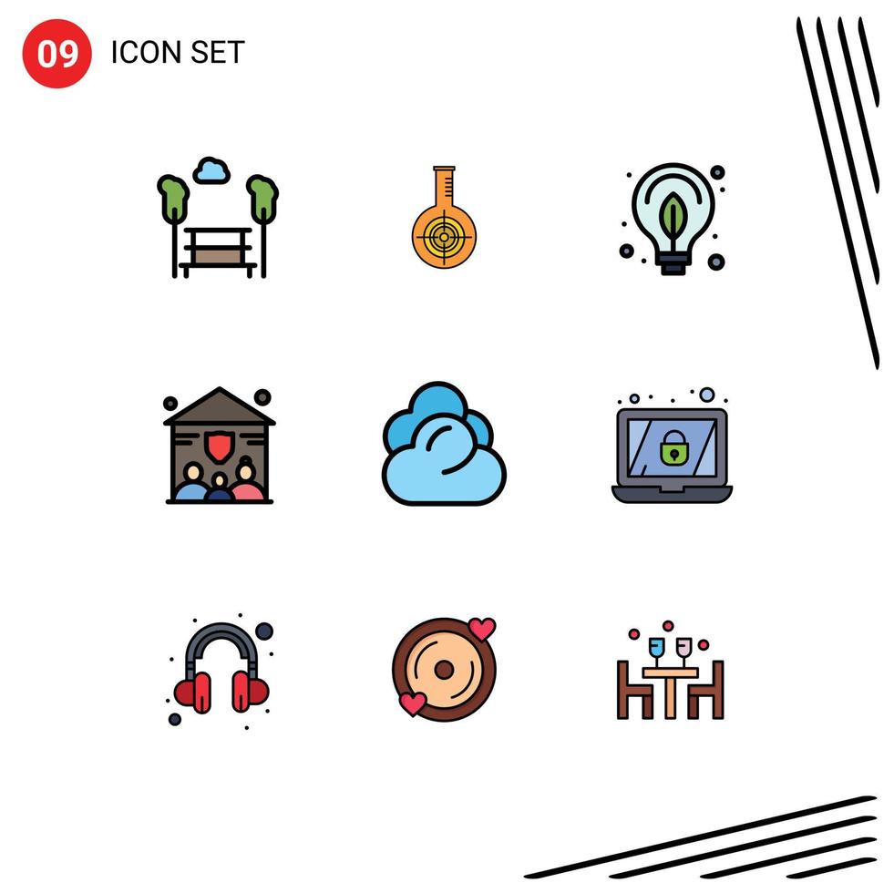 Mobile Interface Filledline Flat Color Set of 9 Pictograms of cloud people target insurance bulb Editable Vector Design Elements