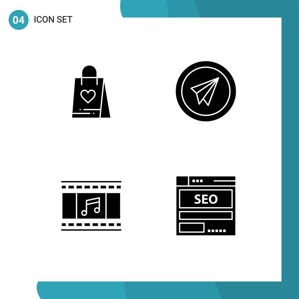 4 Universal Solid Glyph Signs Symbols of shopping animation bag launch film reel Editable Vector Design Elements