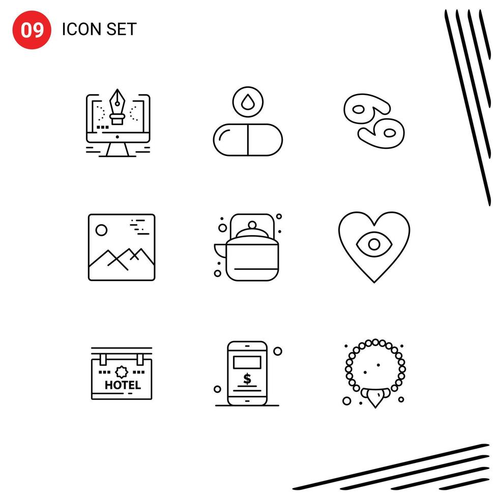 Pack of 9 Modern Outlines Signs and Symbols for Web Print Media such as camping picture pills image greece Editable Vector Design Elements